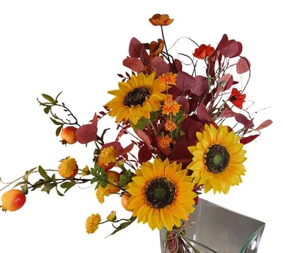 Artificial Fall Floral Arrangement Sunflowers Persimmon Red Foliage Yellow Accen - Image 1 of 4