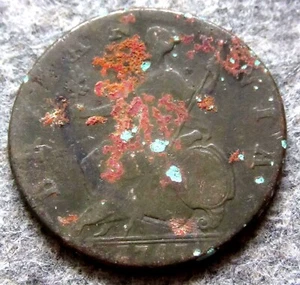 GREAT BRITAIN GEORGE II 1747 or 1743 HALFPENNY, US EARLY DAYS COLONIAL COPPER - Picture 1 of 6