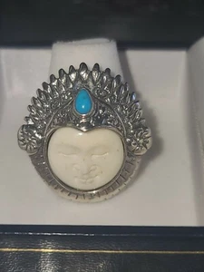Bali Goddess Carved Face tourquoise Ring Sterling Silver Sz 10,5 sajen style - Picture 1 of 5