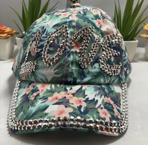 Cappellino baseball Capelli New York verde tropico fiori pesca amore argento borchiato. - Foto 1 di 7