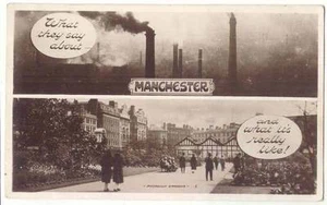 Reino Unido What They Say About Industrial Manchester & Piccadilly Gardens Antiguo RPPC Inglaterra - Imagen 1 de 1