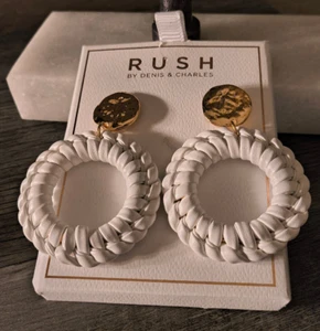 RUSH BY DENIS & CHARLES Leather-Wrapped Hoop Hammered Gold-Tone Stud WHITE NEW - Picture 1 of 5