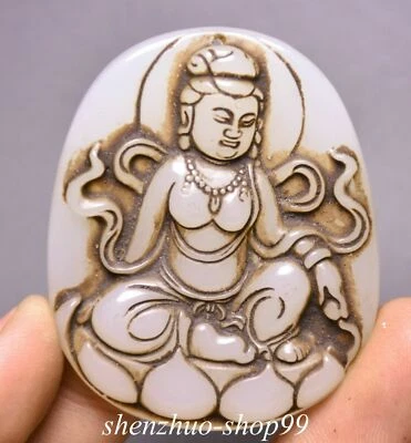 Colgantes de diosa Feng Shui Kwan-yin de jade blanco chino antiguo de 5 cm Foto 1 de 4
