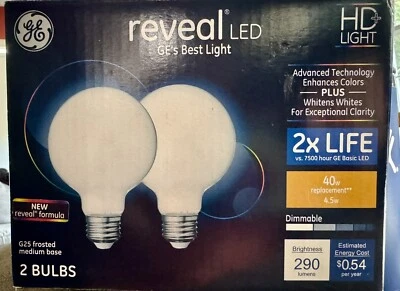 GE Reveal HD+ Globe Light Bulbs G25 Frosted White 2ct 290Lm, 40W (4.5w) Medium - Image 1 of 4