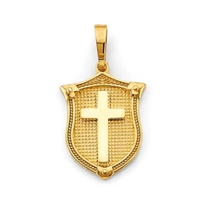 14k Yellow Gold Shield with Cross Religious Charm Pendant Mens Womens - Picture 1 of 1