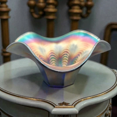 Fenton Cobalt Peacock Tail Carnival Glass Ruffled Bon Bon Dish - Image 1 of 4