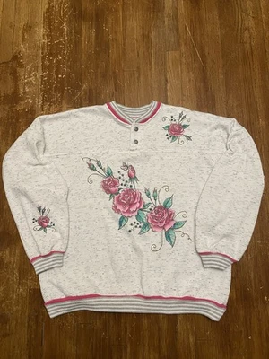 Vintage Cottagecore Floral Graphic Print Gray Henley Sweatshirt Adult Size XL - Image 1 of 4