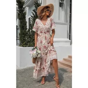 R.Vivimos Womens M Short Sleeve V Neck Floral Print Casual Bohemian Midi Dress - Picture 1 of 4