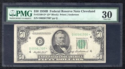 FR. 2109-D* 1950-B $50 *STAR* FRN FEDERAL RESERVE NOTE CLEVELAND, OH PMG VF-30 - Image 1 of 2