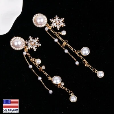 Women 925 Sterling Silver Crystal Zirconia Snowflakes Pearl Tassel Earrings 0734 - image 1 of 4