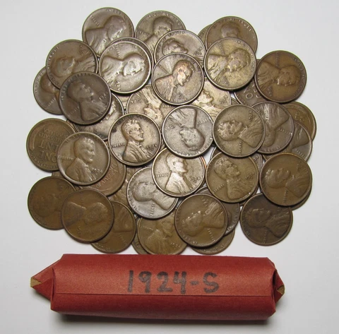 1924-S Lincoln Cents/Wheat Penny Roll of 50 Average Circulated Good+ Pennies Lot Cover