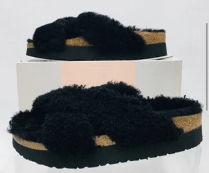 Birkenstock Papillio Blk Daytona Furry Cross Cross Slides Sz 38 Ret $170 - Picture 1 of 11