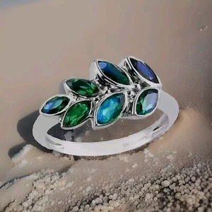 Sajen Silber Quarz Regenbogen Karibik Blatt Ring in Platin über Sterlingsilber - Bild 1 von 2