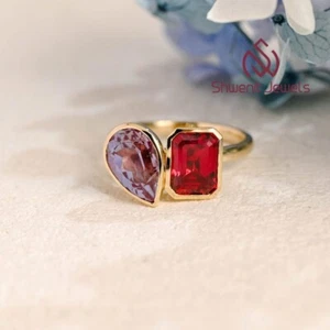 2Ct Lavender Pear & Red Emerald Lab Diamond Ring 10K Gold IGI Engagement Gift - Picture 1 of 11