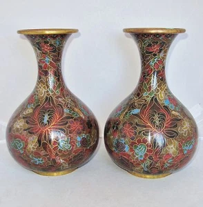 Antik ? 9,1" Paar chinesische braune, grüne & rote Cloisonne Vasen mit Blumen - Bild 1 von 12
