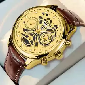 WOKAI Luxury Mens Skeleton Watch Gold Leather Steampunk Mechanical Wrist Watch - Picture 1 of 8