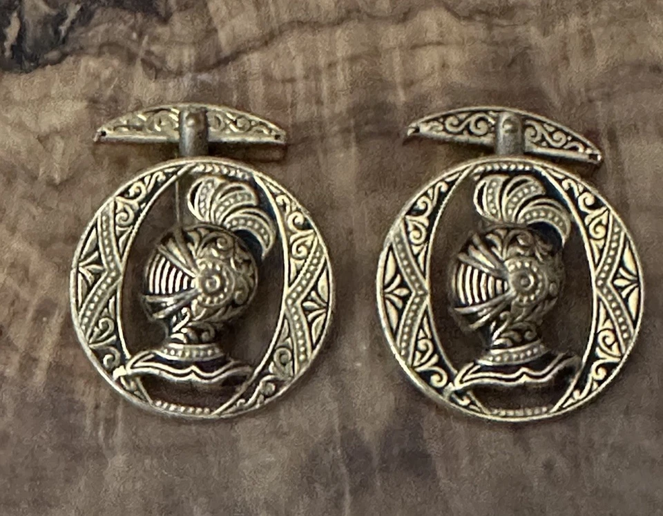 Vintage Medieval Knight Helmet Oval Gold Tone & Black Ornate Cufflinks - Image 1 of 4