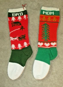 2 Hand Knitted Christmas Stockings Personalized Dad Mom Tree Sleigh 22" - Picture 1 of 2