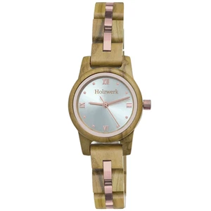 Holzwerk ROSENHEIM kleine moderne Damen Holz Uhr in Olive beige, rosa & silber - Bild 1 von 7