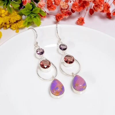 Purple Turquoise Tourmaline Gemstone 925 Sterling Silver Earrings 2.5" m517 - Image 1 of 4