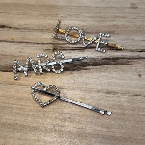 Mrs Love Heart Rhinestone Bobby Pin set Of 3 - Picture 1 of 6