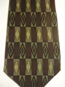 Facets Gold Maroon Black Tan Artsy Checks Diamonds Design Silk Tie 57" - Picture 1 of 2