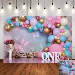 Girls 1st Birthday Backdrop Wonderland Flowers Butterfly Photo Background Banner - Picture 1 of 9