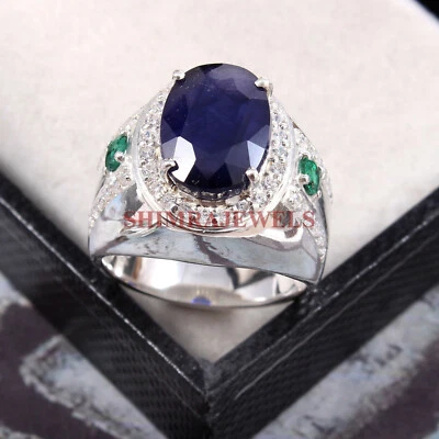 Heizbar Blauer Saphir & Grün Onyx Edelstein Mit 925 Sterlingsilber Herren Ring - Bild 1 von 3