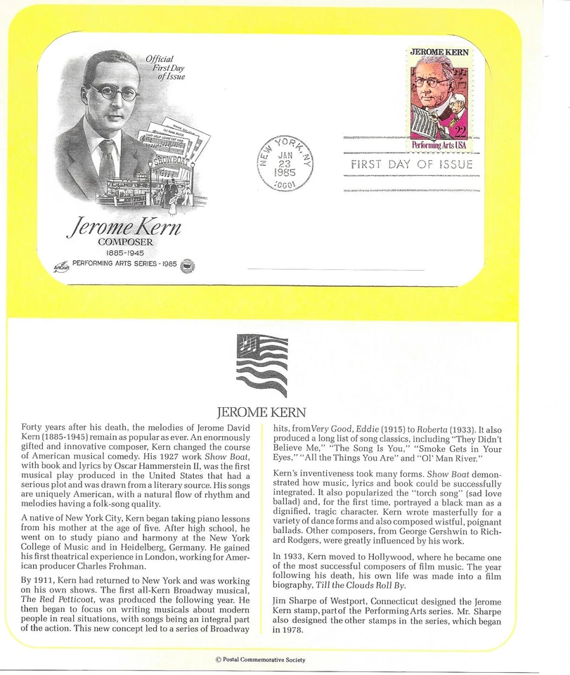 1985 Jerome Kern, composer music piano Sc 2110 FDC with PCS cachet on info page - Image 1 of 1