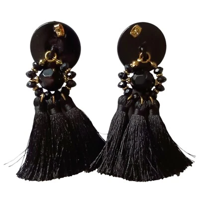 Beaded Black Tassel Earrings Goth Gold Tone Pierced Bohemian Whimsigoth Witchy  - Image 1 of 4