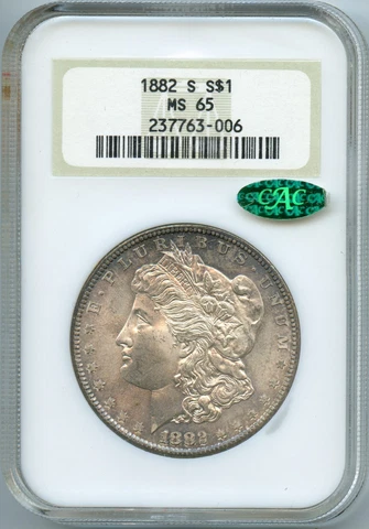 1882-S NGC MS65 CAC Approved VAM-20 Mint Mark Tilted Far Left, Original Toning! Cover