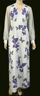 Powder Gray Purple Butterfly Vintage 70s Alfred Shaheen Maxi Dress S/XS - Image 1 of 4