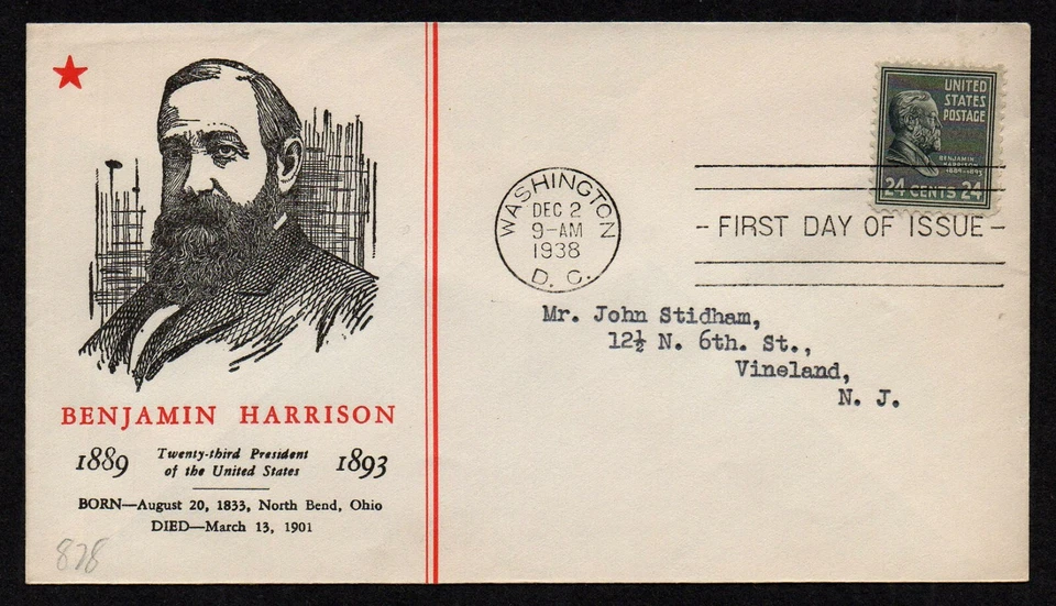 USA, SCOTT # 828, LINPRINT FDC COVER 1938 PRESIDENT BENJAMIN HARRISON, ADDRESSED - Image 1 of 1