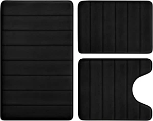 Black Memory Foam Bathroom Rug Set 3 Piece, Non Slip Extra Soft Absorbent Washab - Picture 1 of 12