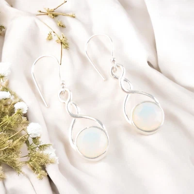 Milky Opal Gemstone Dangle Earrings 925 Sterling Silver Handmade Women's Jewelry - Image 1 of 4