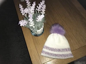 Hand Knitted Babys Beanie With Fur Pom Pom Double Thickness - Picture 1 of 4