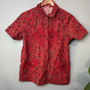 Women’s Red Floral Embroidered Short Sleeve Button Down Shirt. Large - Picture 1 of 11