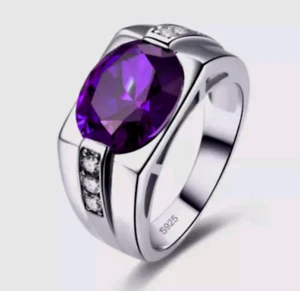 AAA Natural Amethyst Gemstone Solid 18k White Gold Ring For Men's Halloween Gift - Picture 1 of 3