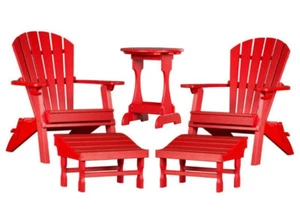 5pc 4 SEASON PATIO SET - 2 Folding RED Adirondack Chairs 2 Ottomans & Table USA - Picture 1 of 6