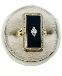 Art Deco Diamond & Onyx Unisex Ring 14k White Gold Size 4.5 - Picture 1 of 8
