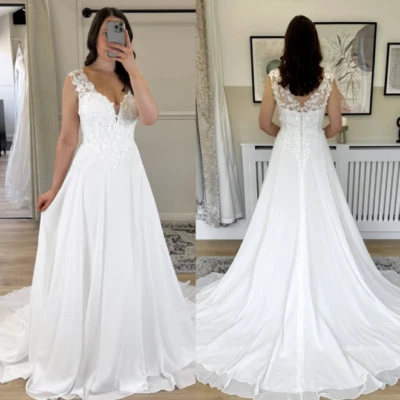 Boho Chiffon Wedding Dress Sweep Train V Neck Lace Applique A-Line Bridal Gowns - Image 1 of 4