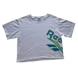 Vintage Reebok Crop Top Womens Medium Gray Wrap Around Graphic Single Stitch - Picture 1 of 8