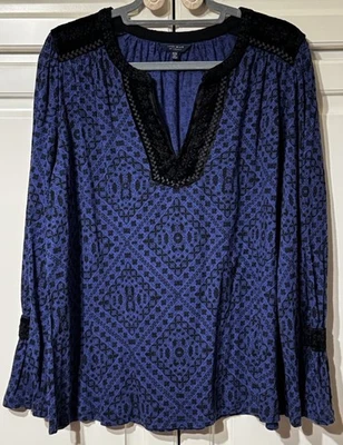 Blusa Top Campesina Pullover Cachemira Manga Larga LUCKY BRAND ÍNDIGO/NEGRO 1x Foto 1 de 4