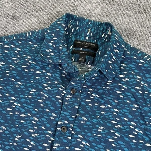 Banana Republic Shirt Mens Small Blue Slim Fit All Over Fish Print Linen Blend - Picture 1 of 7