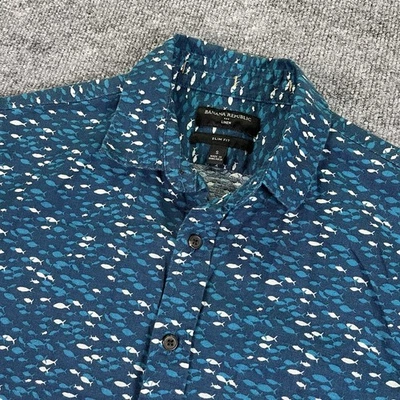 Banana Republic Shirt Mens Small Blue Slim Fit All Over Fish Print Linen Blend - Image 1 of 4