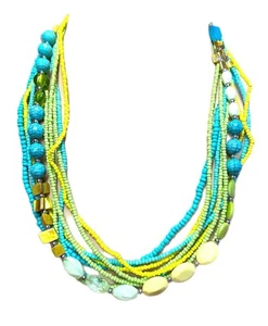 Erica Lyons Blue Green Yellow Multi-Strand Seed Bead Abalone Shell Necklace 29" - Picture 1 of 24
