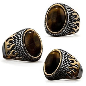Mens Large Carved Flame Natural Tiger's eye Ring Men Stainless Steel Size 7-15 - Picture 1 of 16