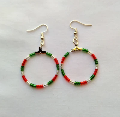 Red Clear Green Glass Beaded Hoop Earrings Handmade Christmas Holiday Boho Chic - Image 1 of 3