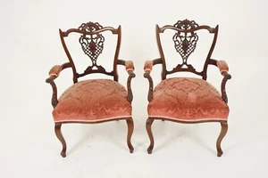 Antique Walnut Chairs, Pair of Edwardian Carved Arm Chairs, Scotland 1900, H983 - Picture 1 of 10