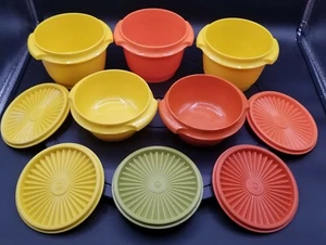 10 Pc Vtg Tupperware Servalier 886 1323 812 Bowl & Lid Yellow Orange Green - Picture 1 of 5